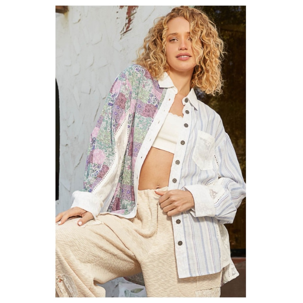 Pol Multicolor Patchwork Button-Up Shirt Nwot - image 5